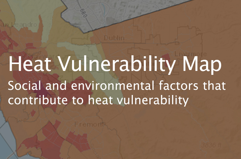 Photo showing close up of heat map. Words say: Heat Vulnerability Map - Social and environmental factors that contribute to heat vulnerability