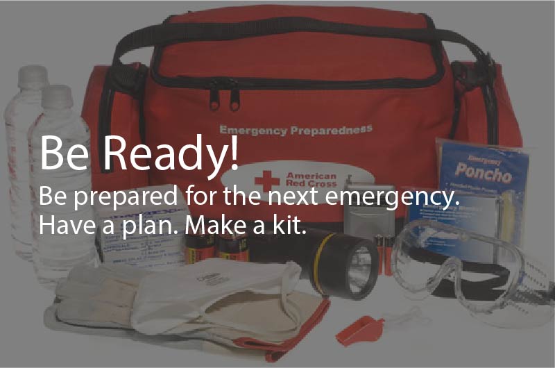 Photo of a first aid kit and its supplies displayed. Caption: Be ready! Be prepared for the next emergency. Have a plan. Make a kit.